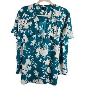 Torrid Top Harper Floral Blouse Flutter Sleeve Blouse V Neck Blouse Teal Blue 2X